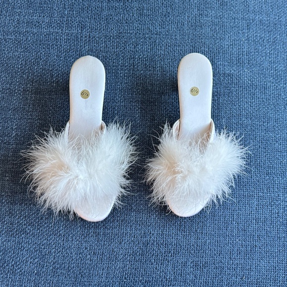 Feather Trimmed Satin Heeled Slippers 6.5, Vintage-Inspired Glam Boudoir Mules - Picture 2 of 8